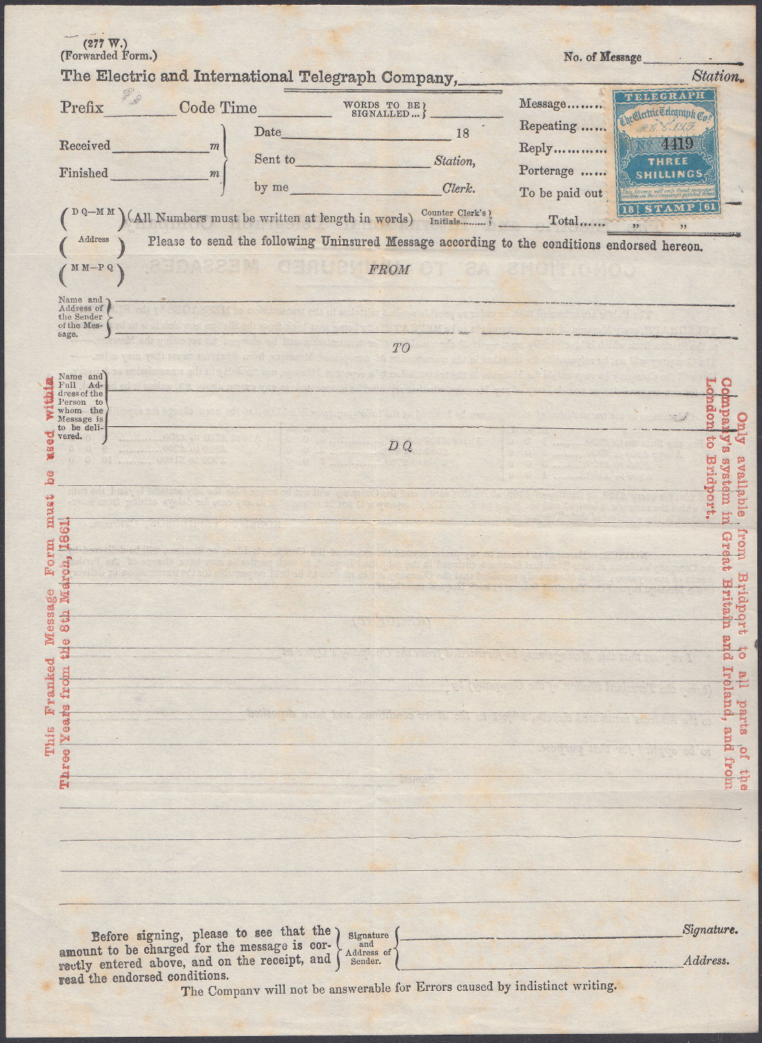 Electric Telegraph Form 277 - front.