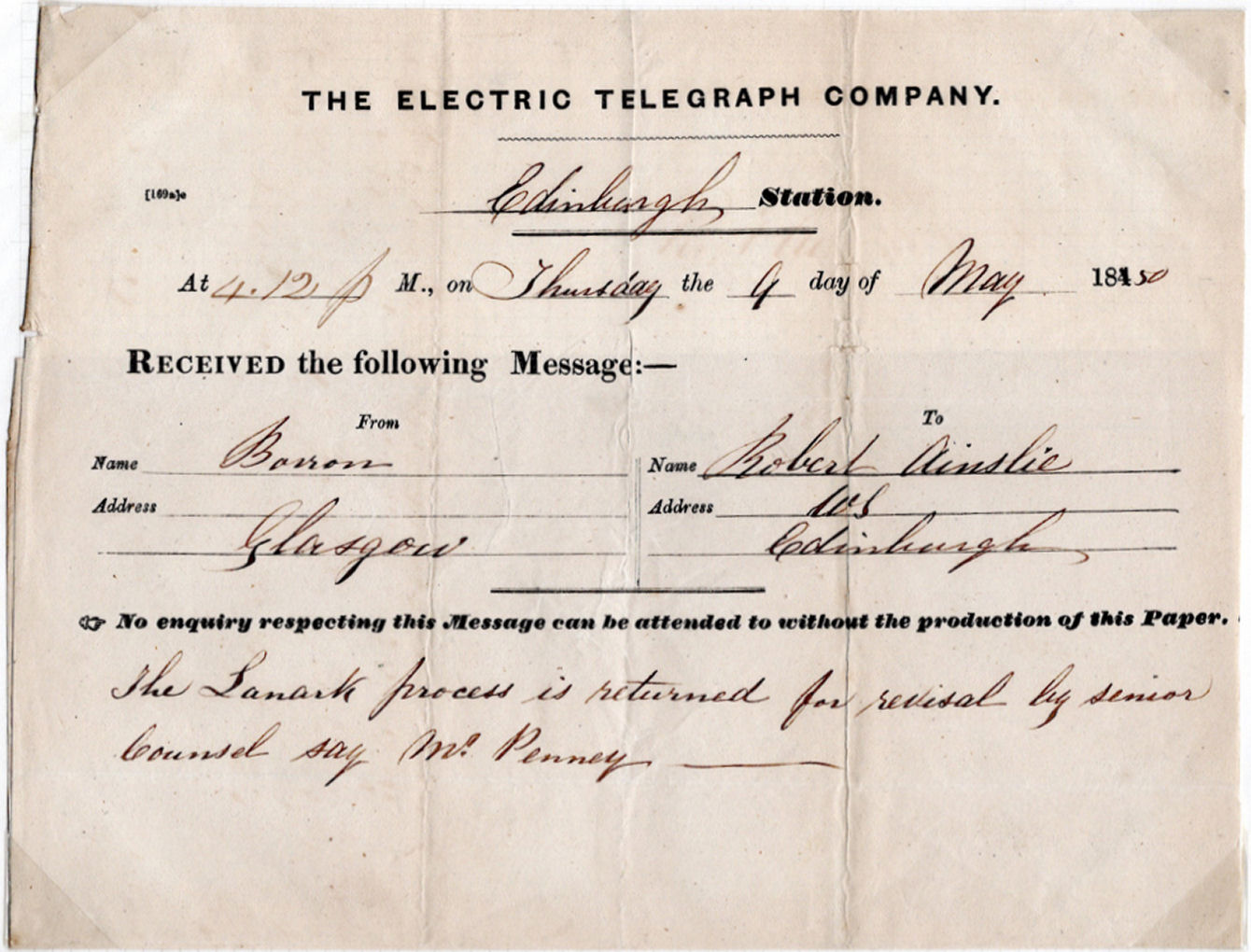 Electric Telegraph Co Form 169a.