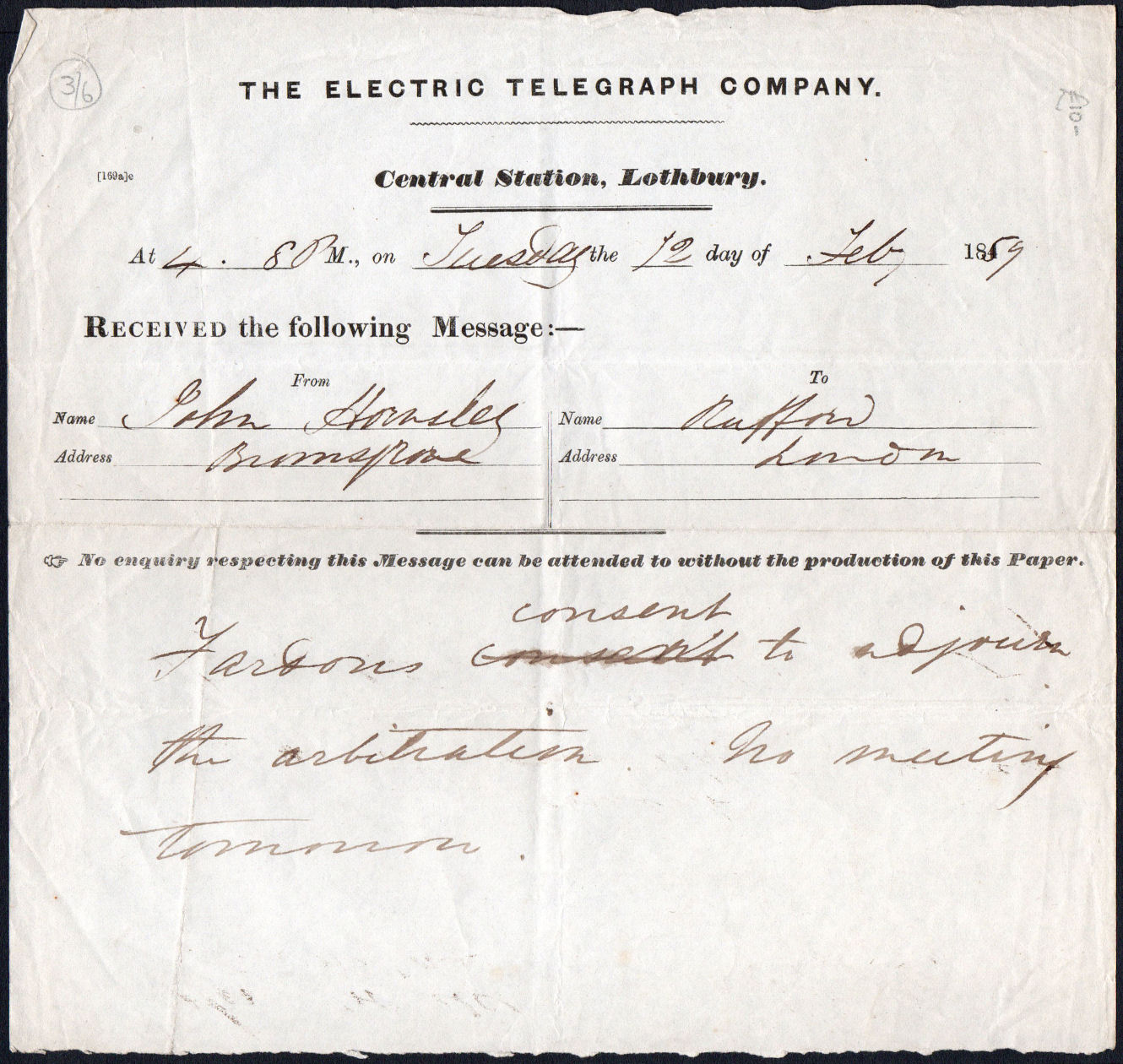 Electric Telegraph Co Form 169a.