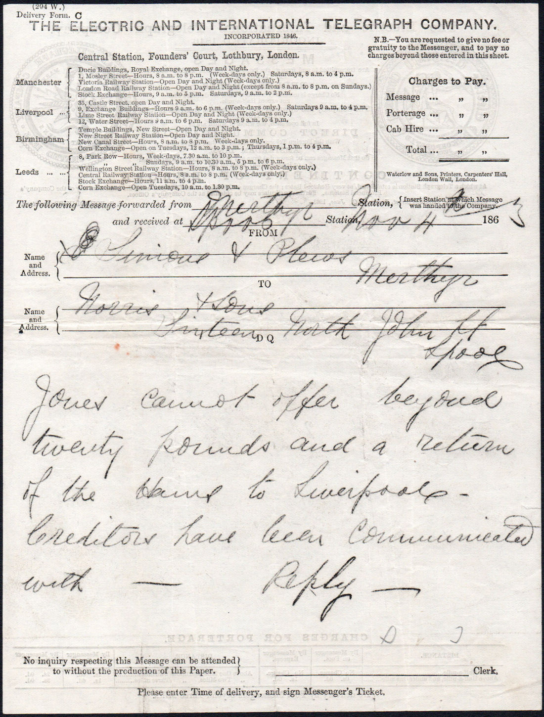 Electric Telegraph Company Form C - front.