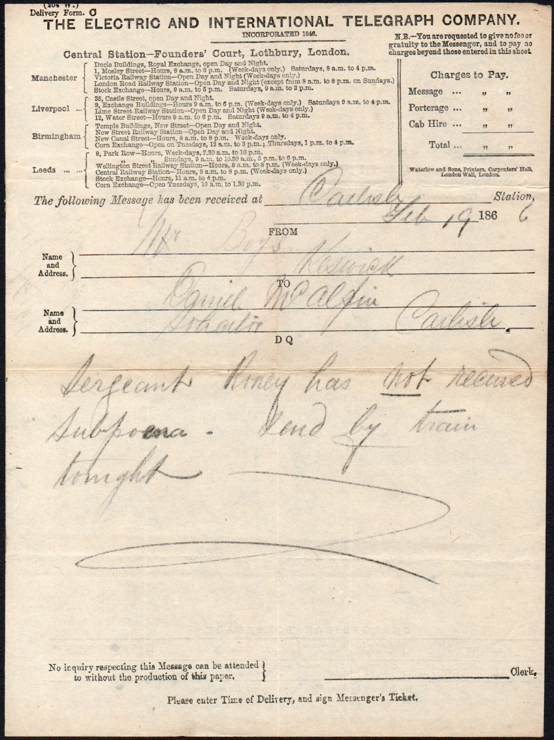 Electric Telegraph Company Form C - front.