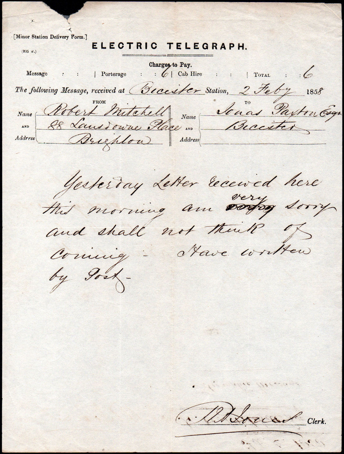 Electric Telegraph Co Minor Station delivery form 1858.