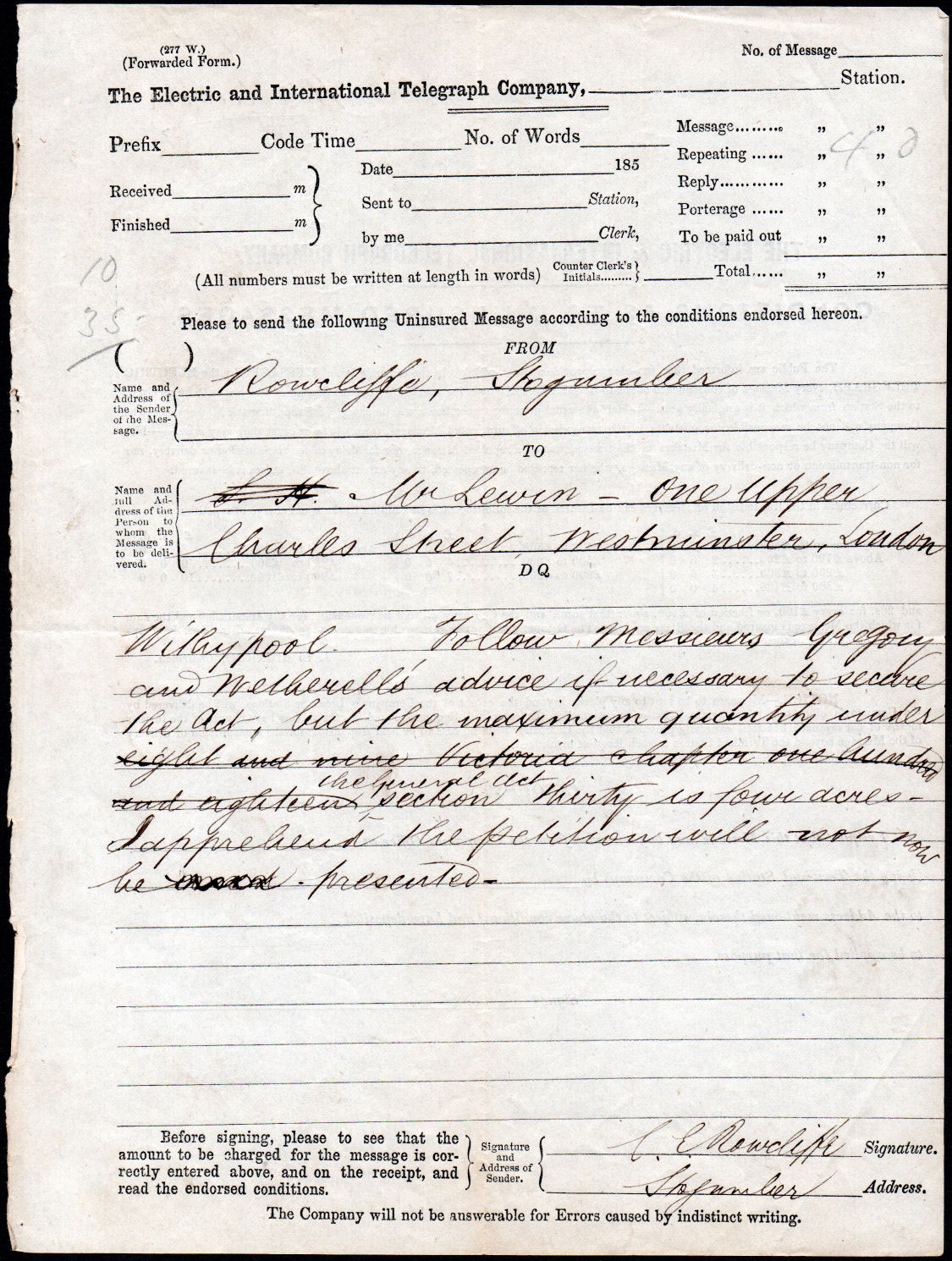 Electric Telegraph Form 277 - 185 front.