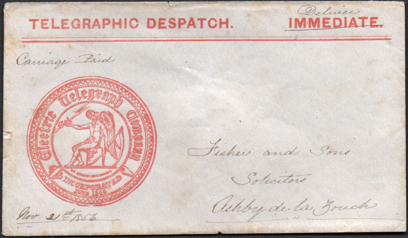 Electric Telegraph Envelope 1856 - Front.
