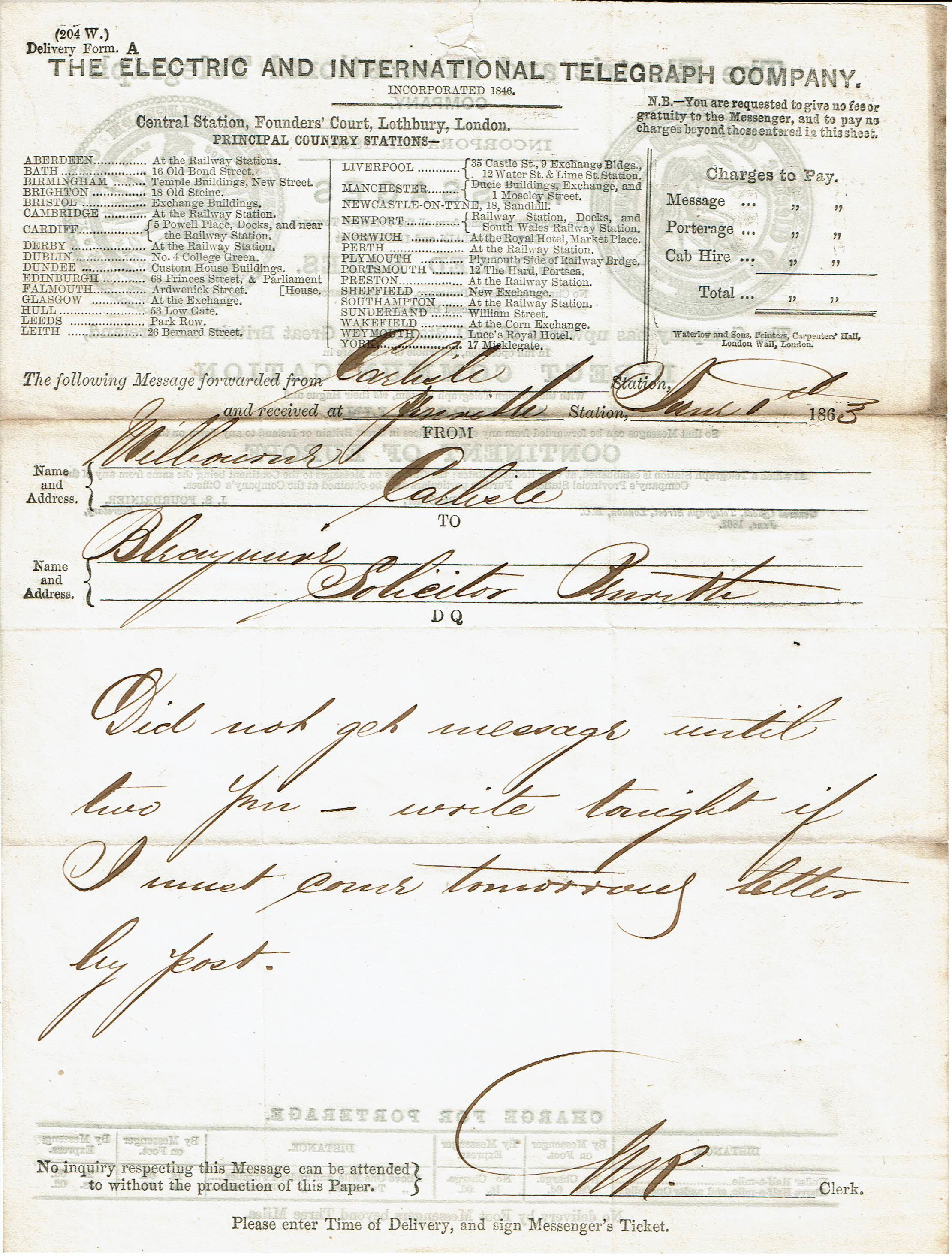Electric Telegraph Company Form A - 1862 front.