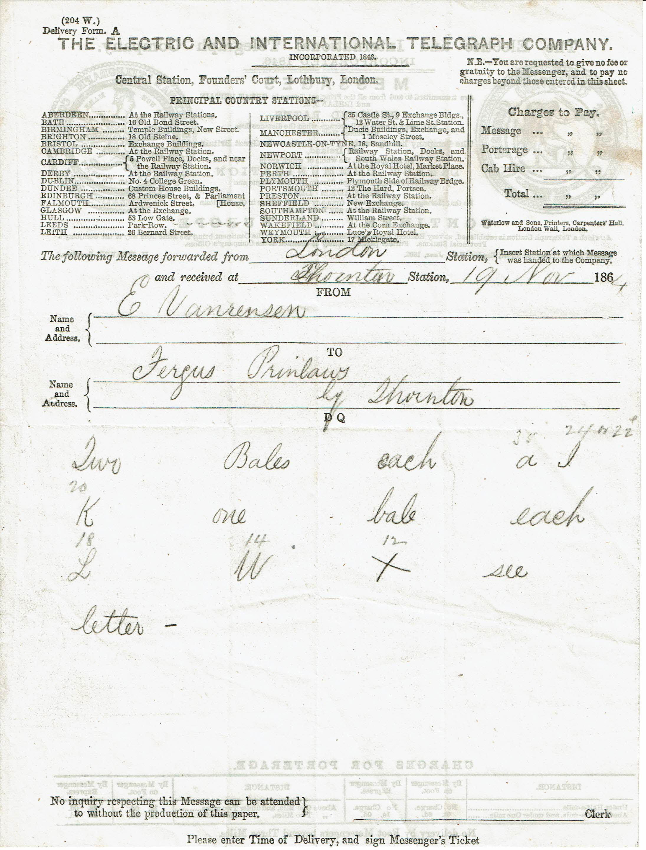 Electric Telegraph Company Form A - 1863 front.