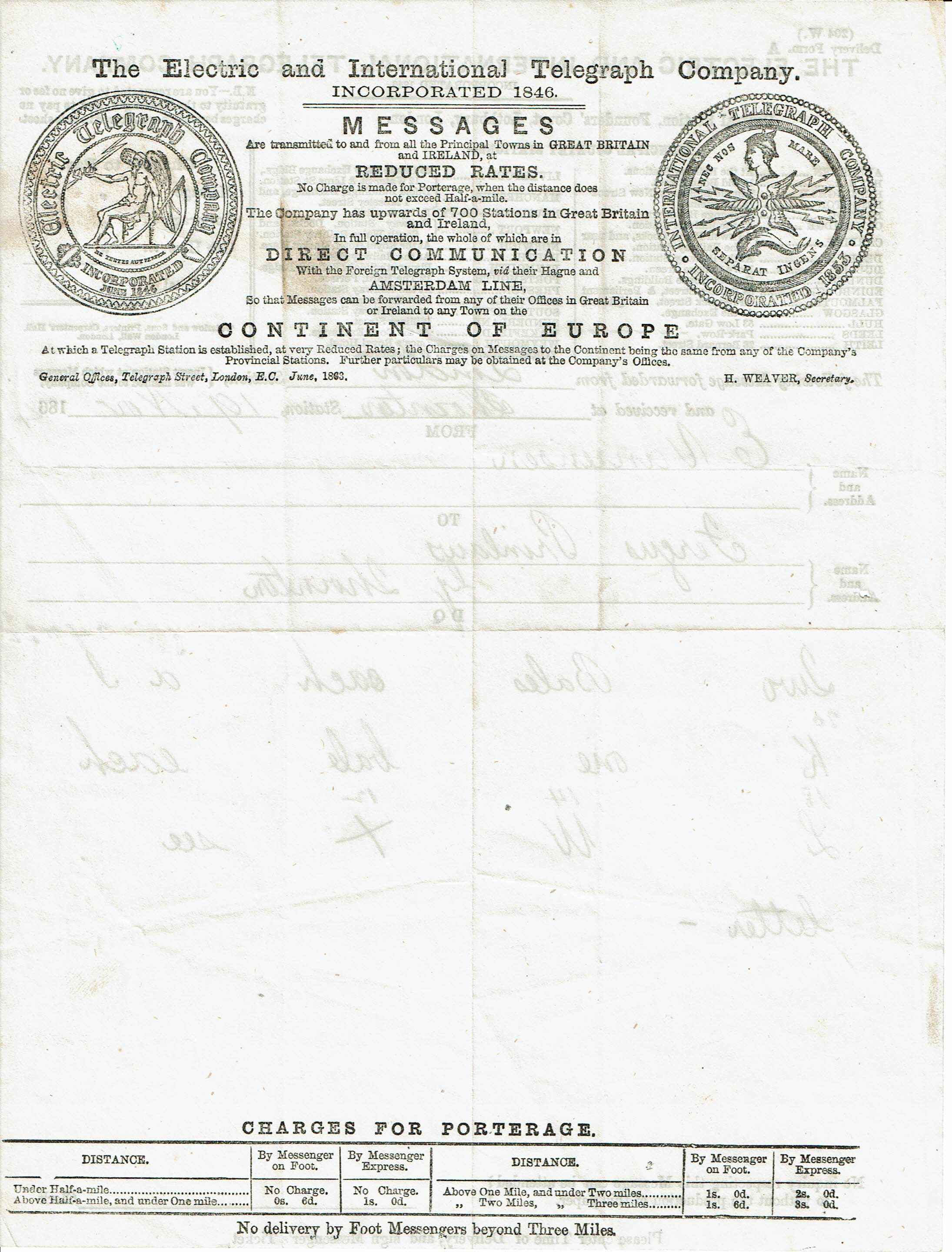 Electric Telegraph Company Form A - 1863 back.