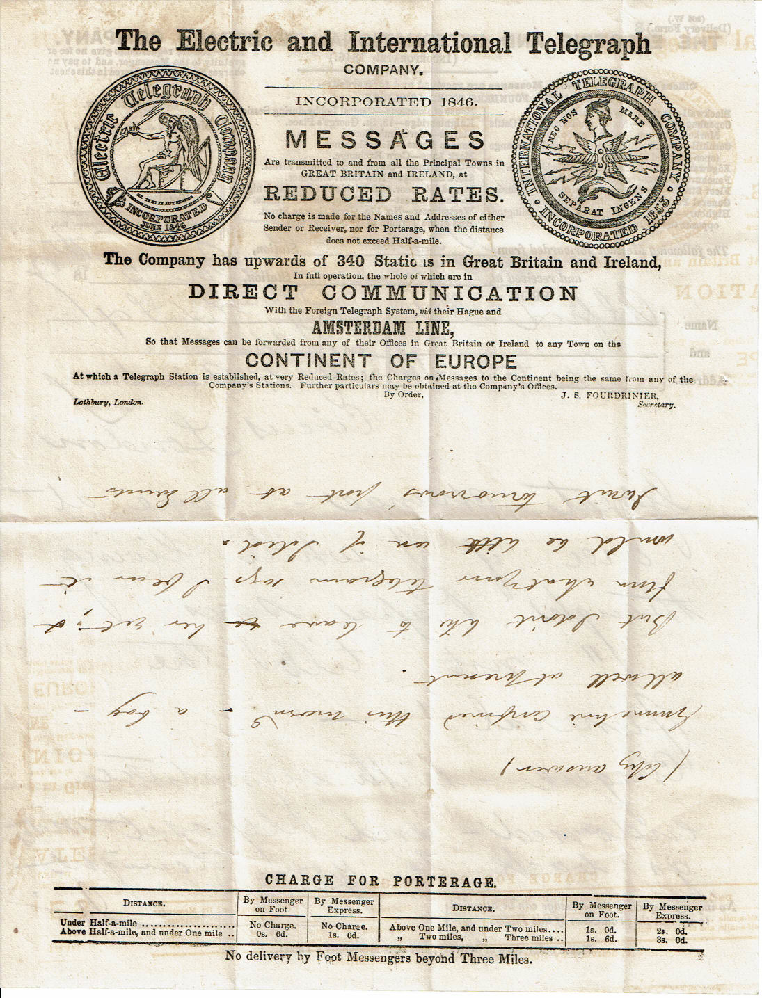 Electric Telegraph Company Form B - back.