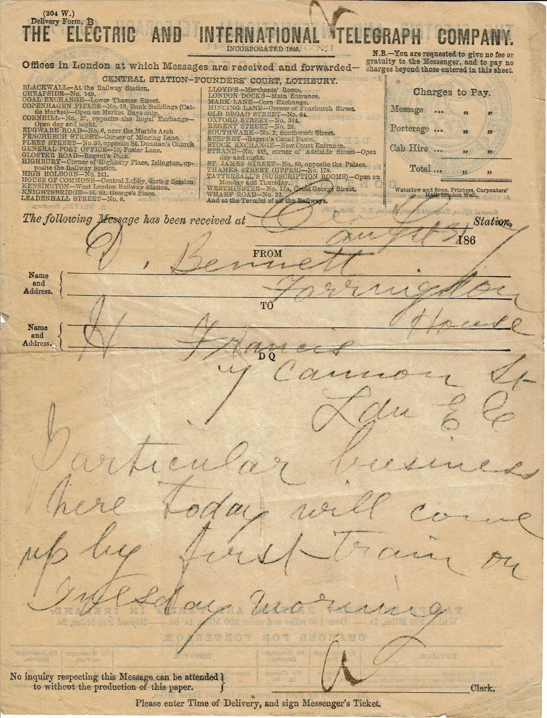 Electric Telegraph Company Stationery - front.