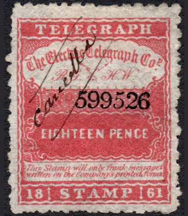 Electric Telegraph Company HW 1s6d 599526 highest cancelled.