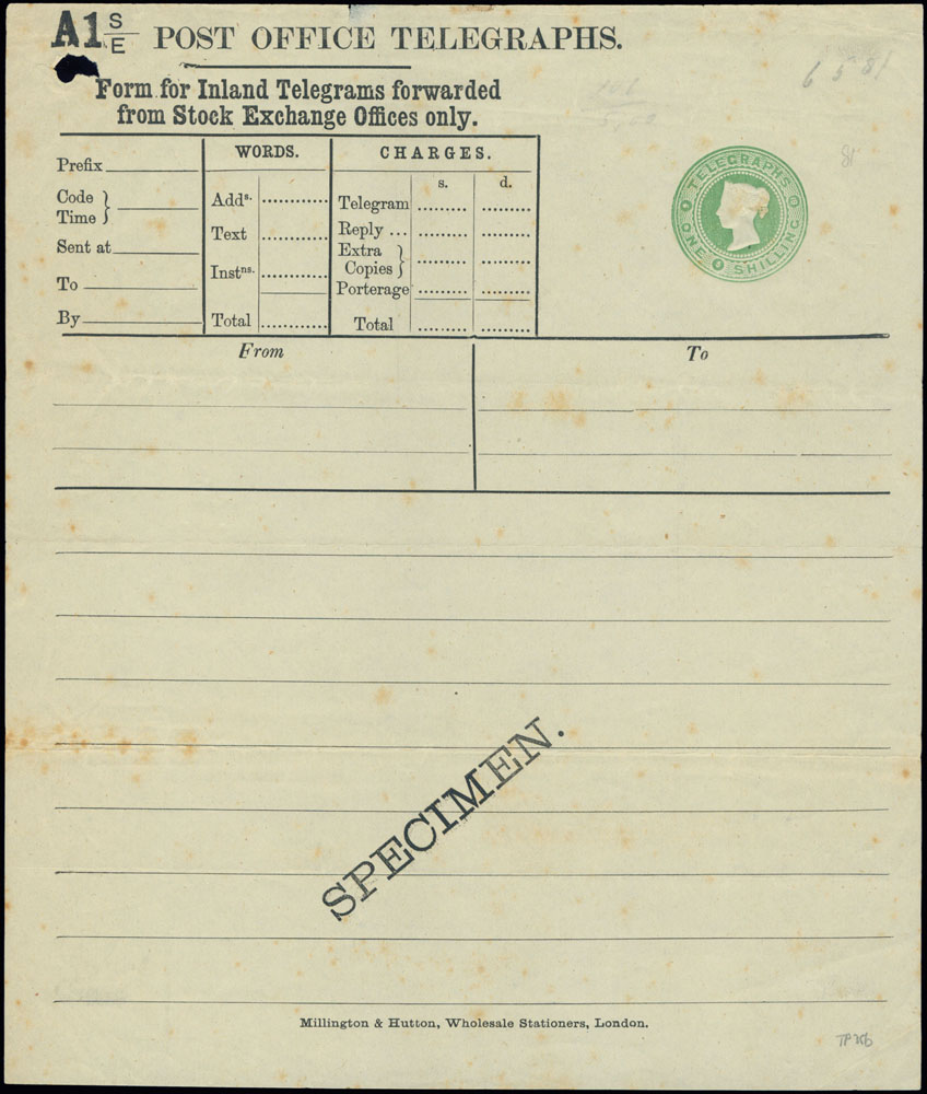 1s circular green Post Office Telegraph Stock Exchange Form