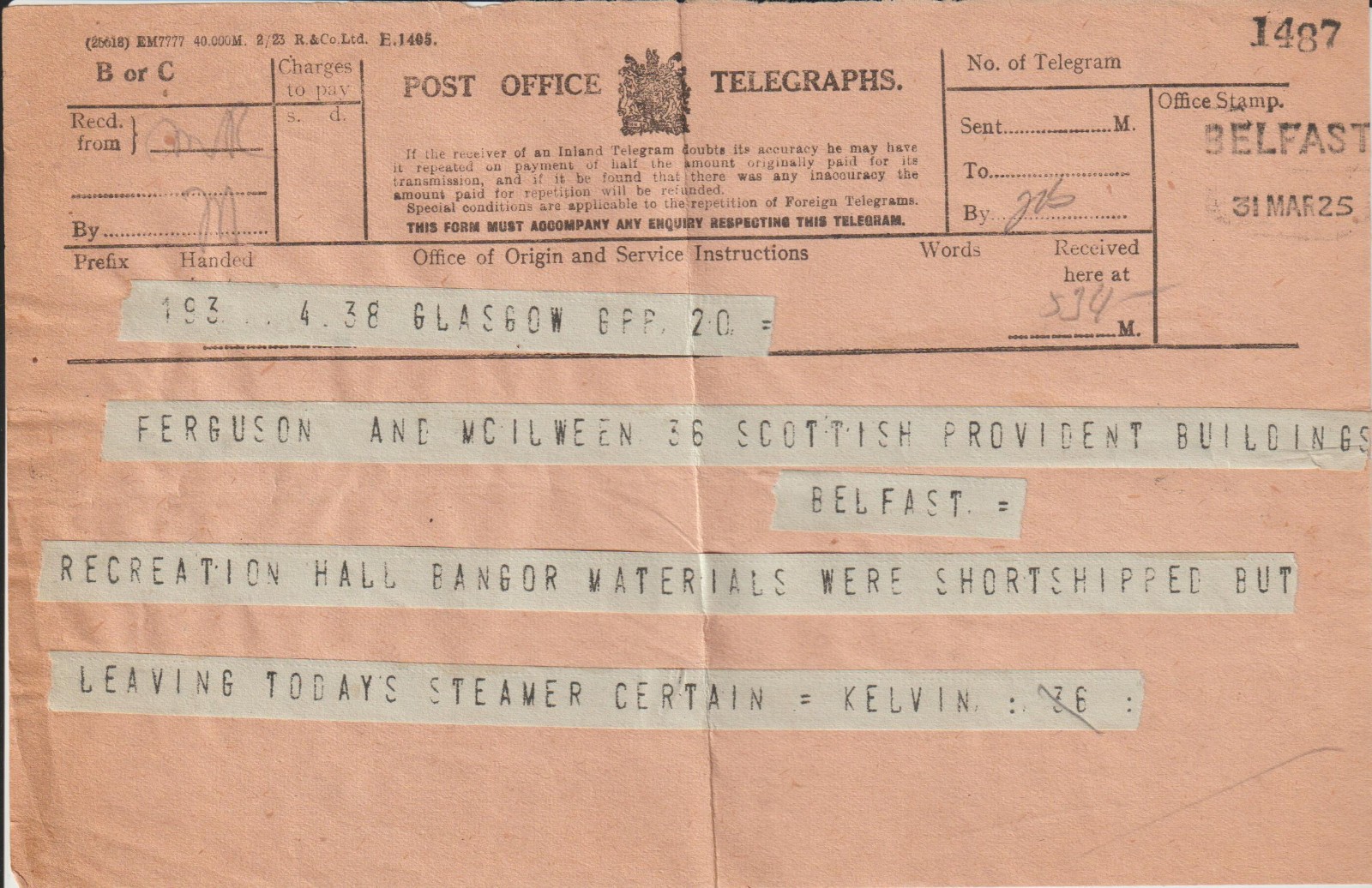 PO Telegraph Form of 31-3-1925