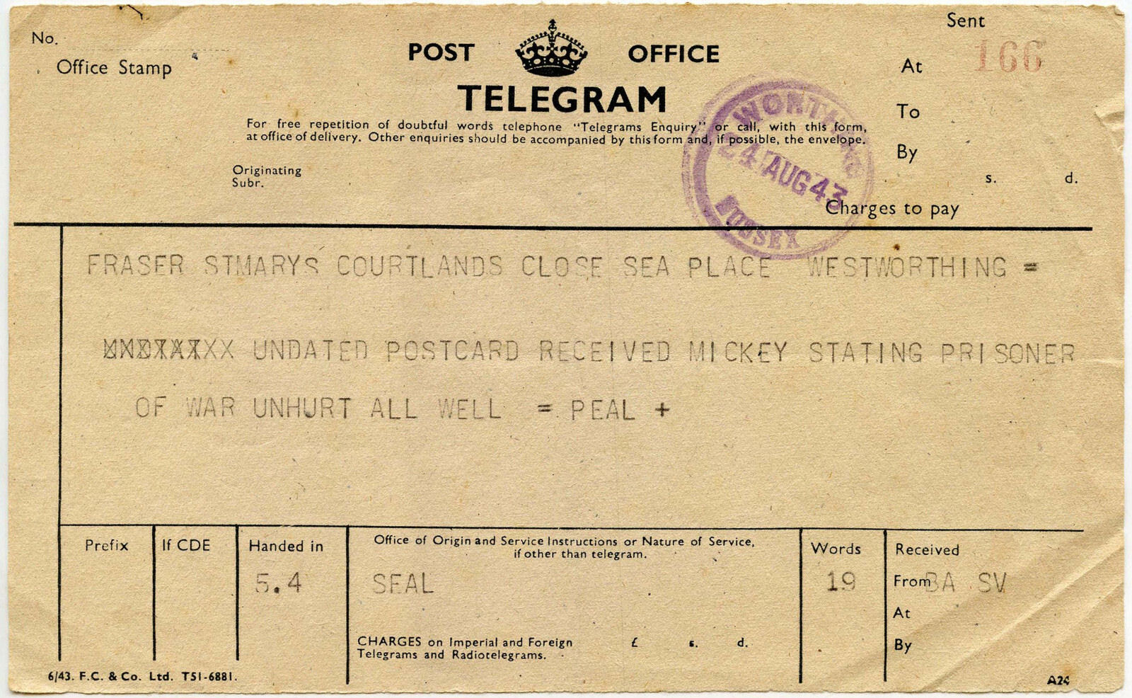 Small, C Telegram Form used 1928 - back