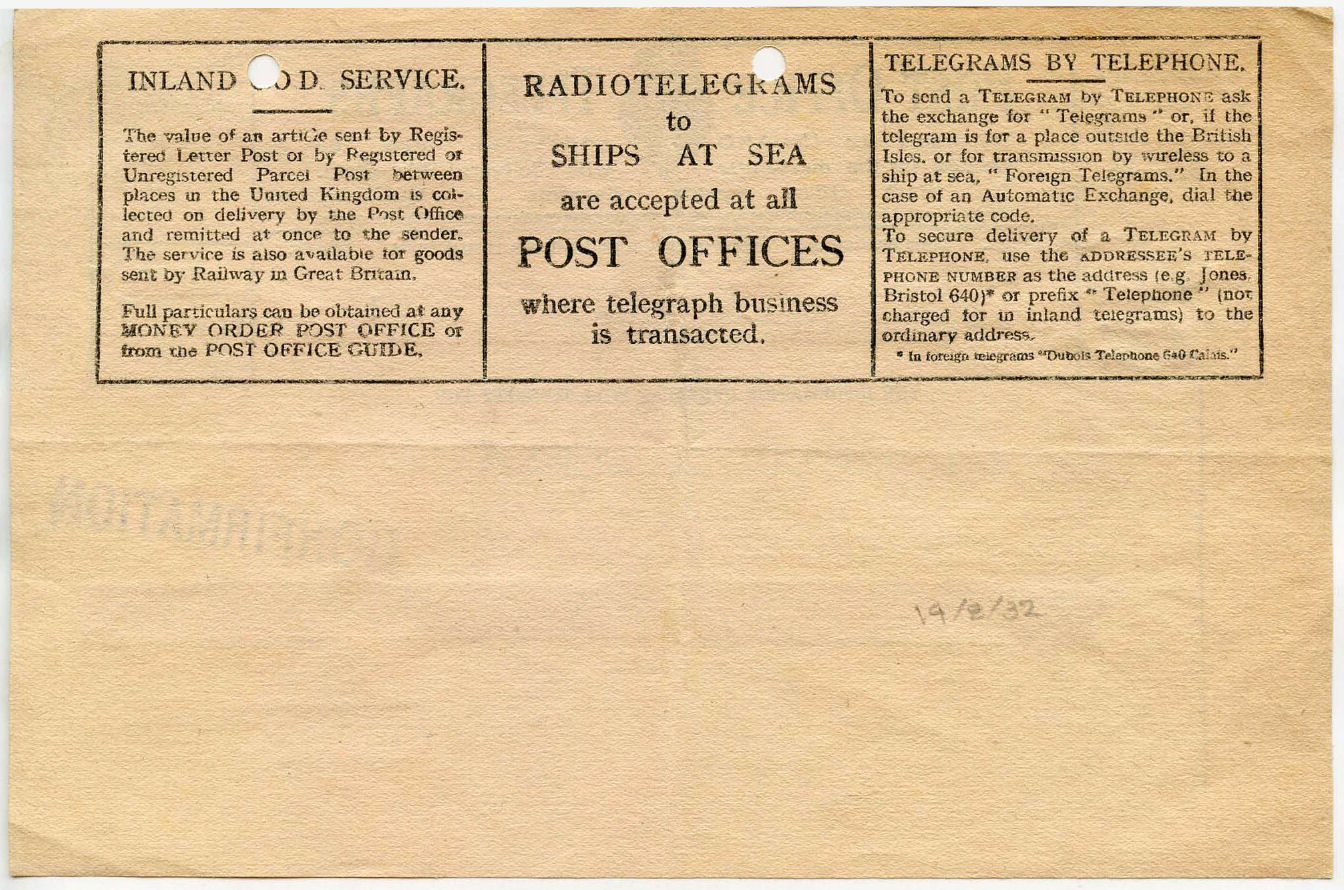 PO Telegraph Form of 14/6/1932 - back
