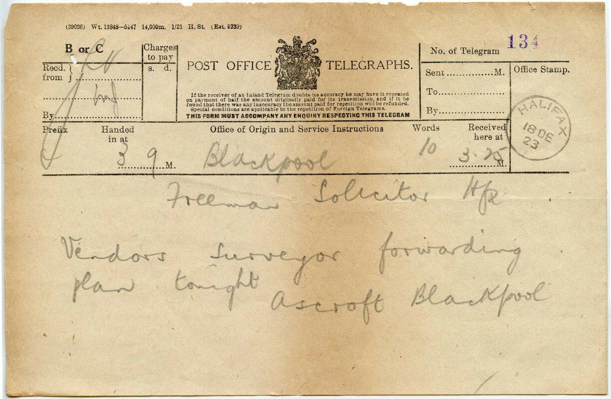 PO Telegraph Form of 18-12-1923