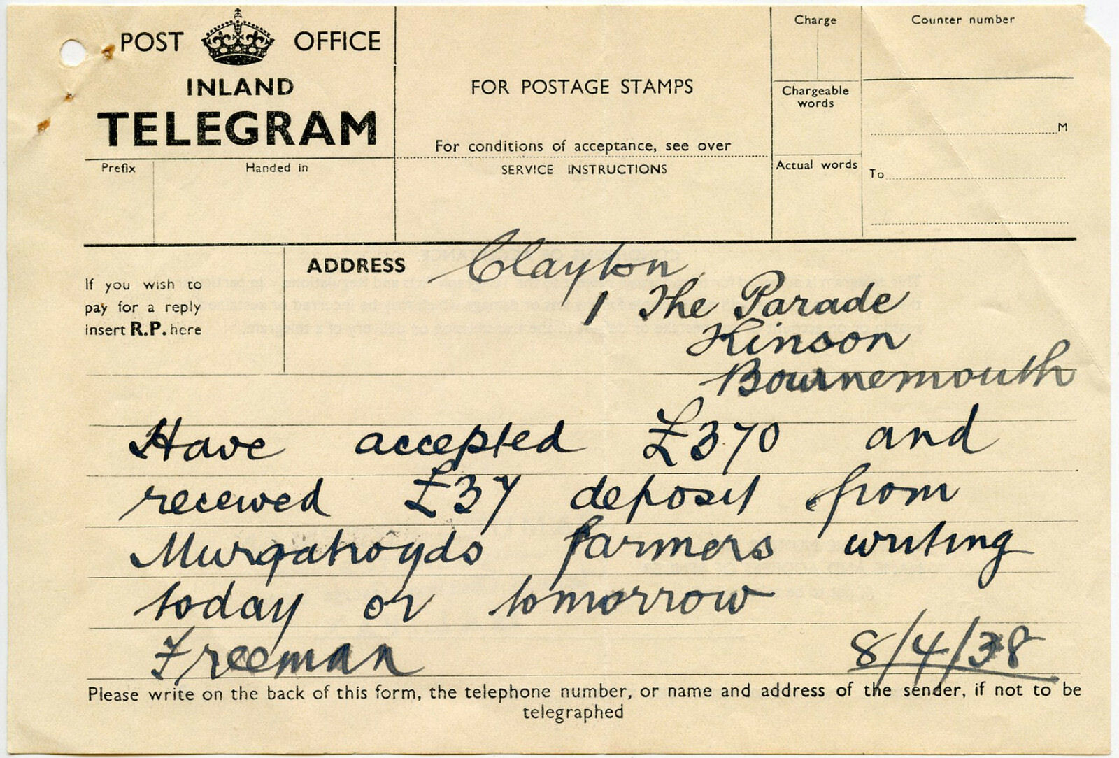 PO Telegraph Form - 8-4-1938 - front