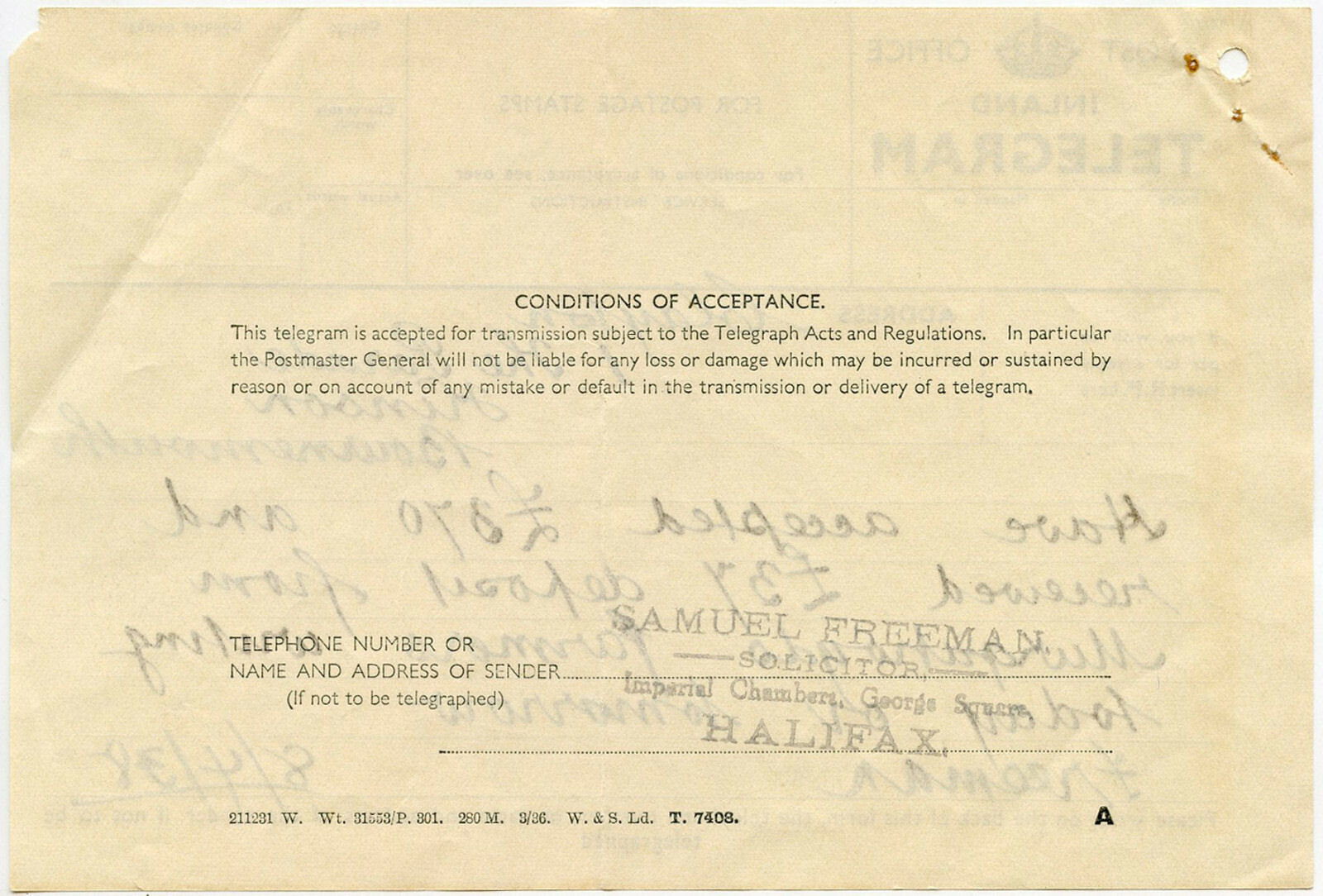 PO Telegraph Form - 8-4-1938 - back