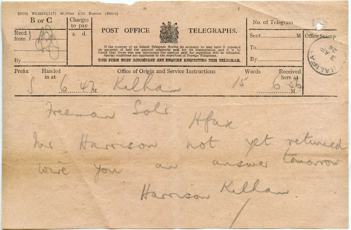 PO Telegraph Form of 3-4-1924