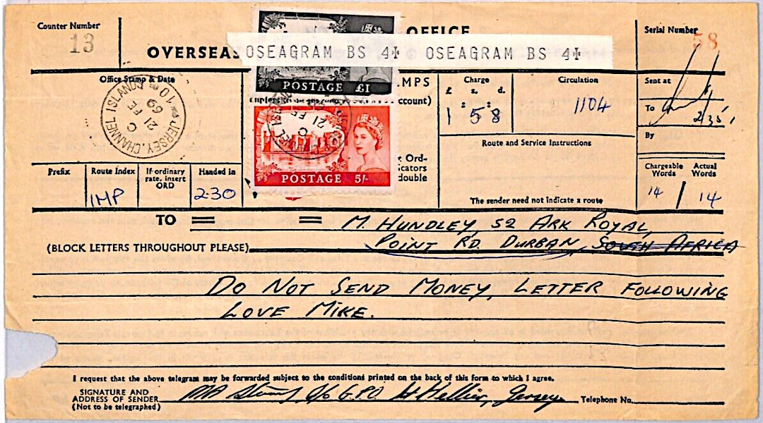 PO Telegraph Form - 21-2-1969 - front