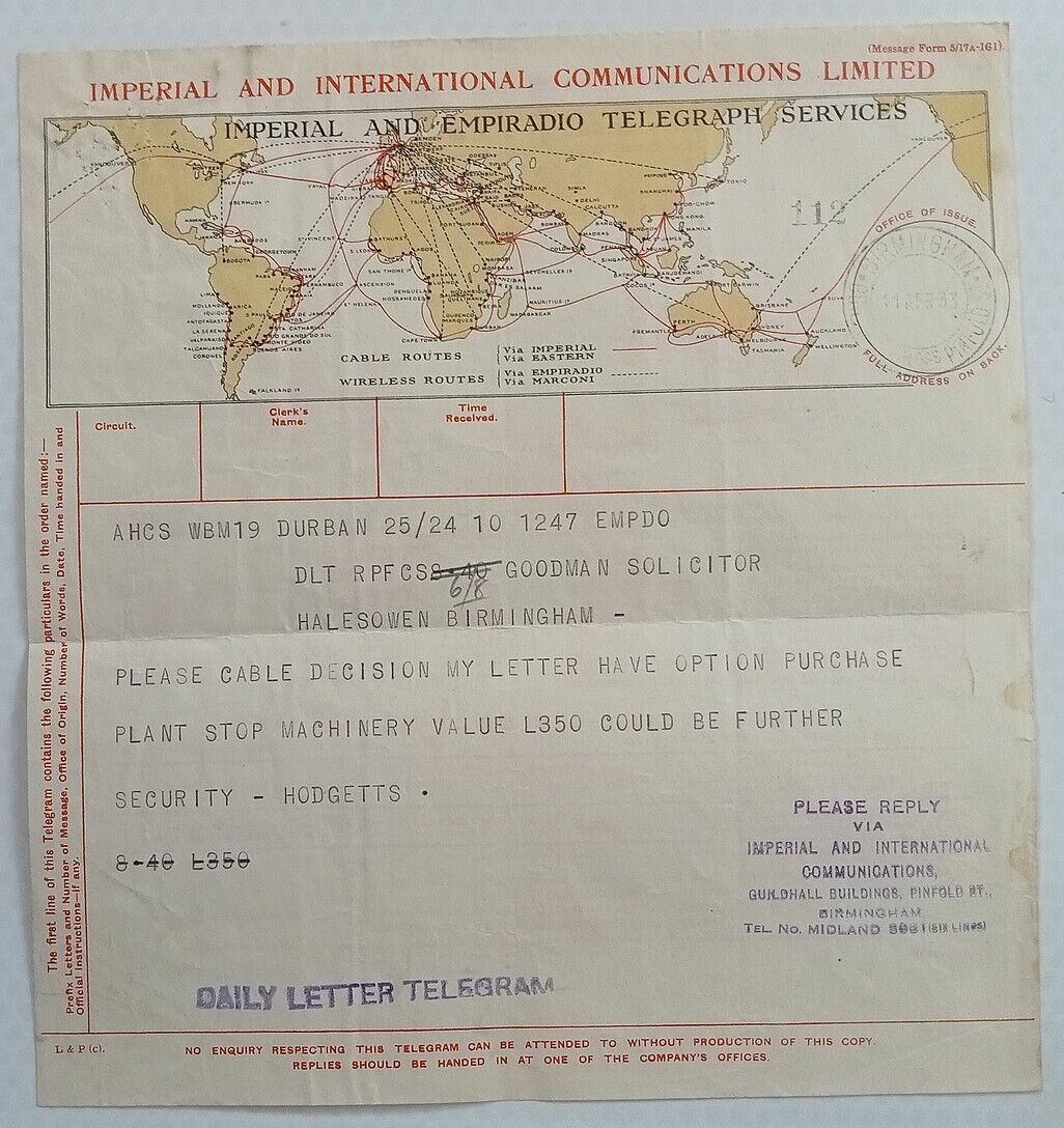 Imperial & Int. Telegraph Form - 11-4-1933