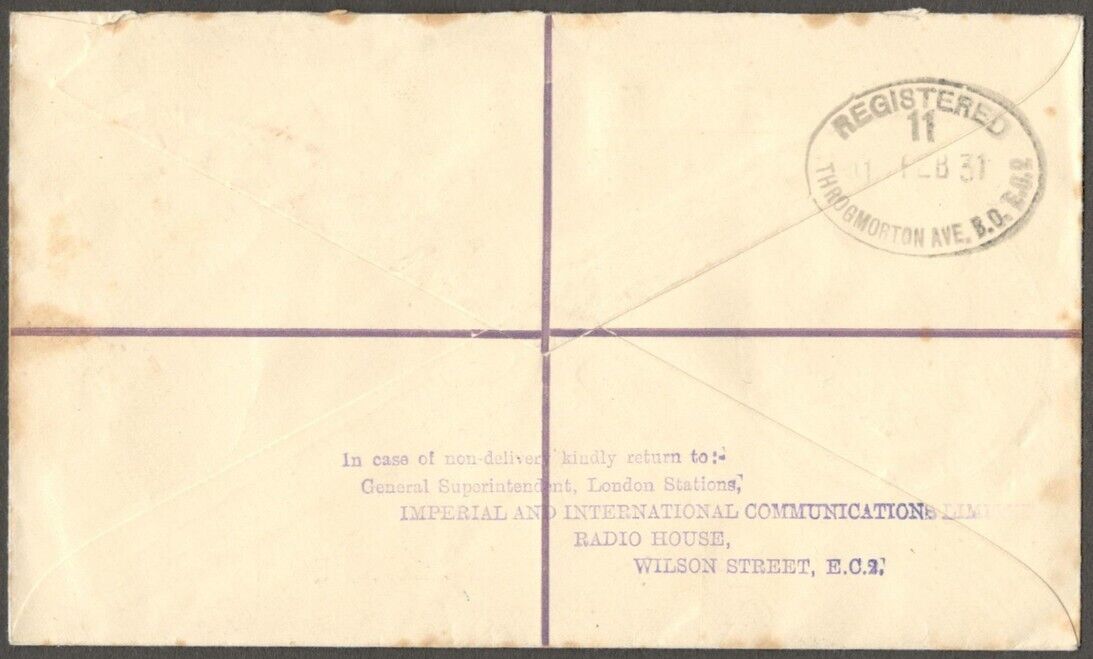 Imperial & Int. Telegraph envelope - 10-2-1931 back