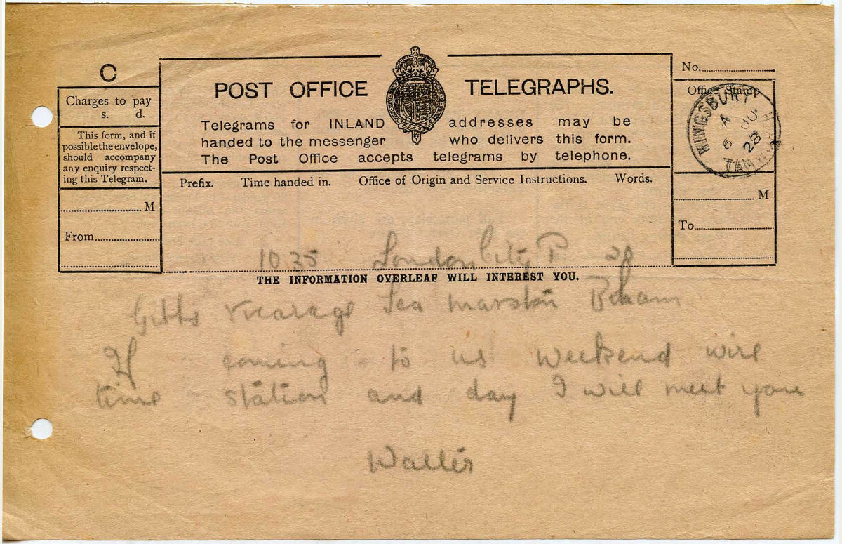 Small, C Telegram Form used 1928 - front