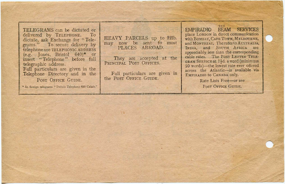 Small, C Telegram Form used 1928 - back