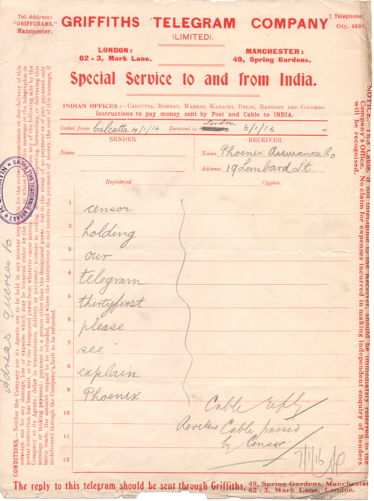 Griffiths Telegram Co. Form - 1916