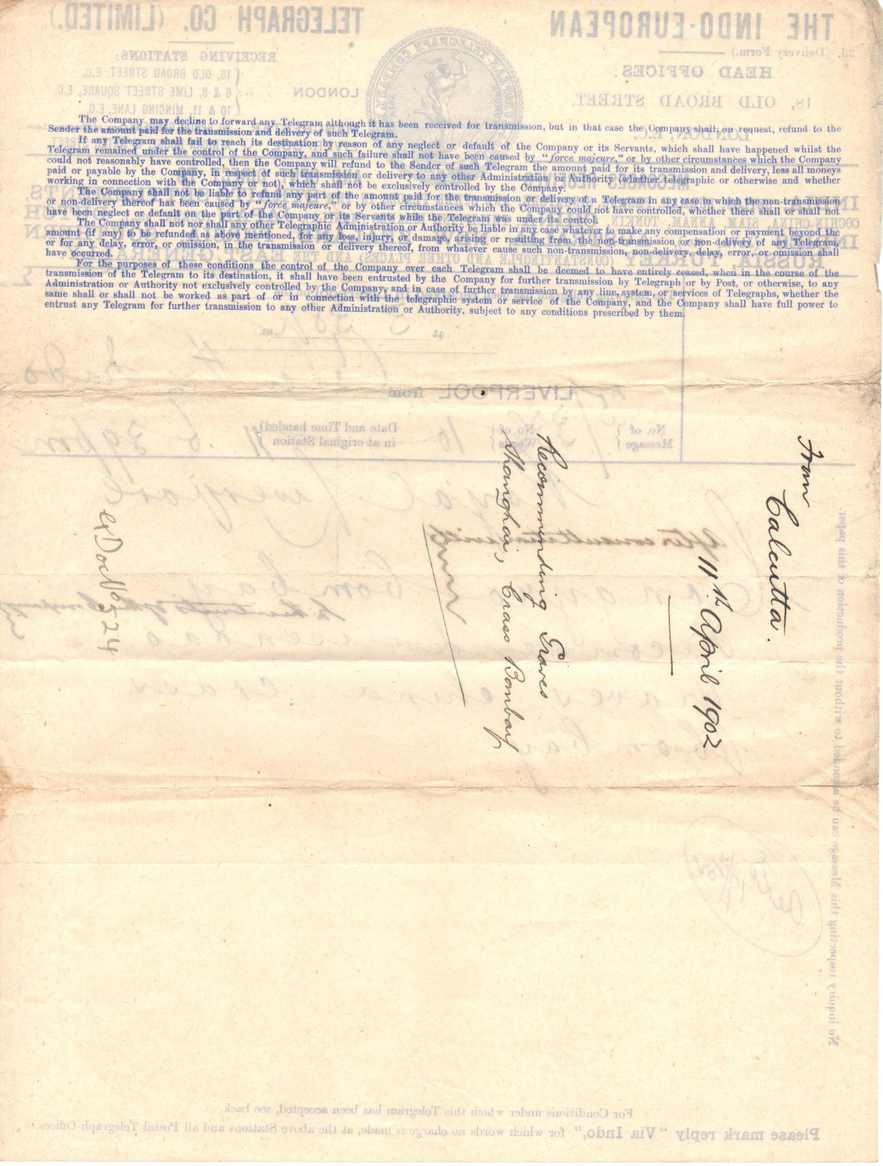 Indo Telegram Co. Form 23 - Liverpool, back