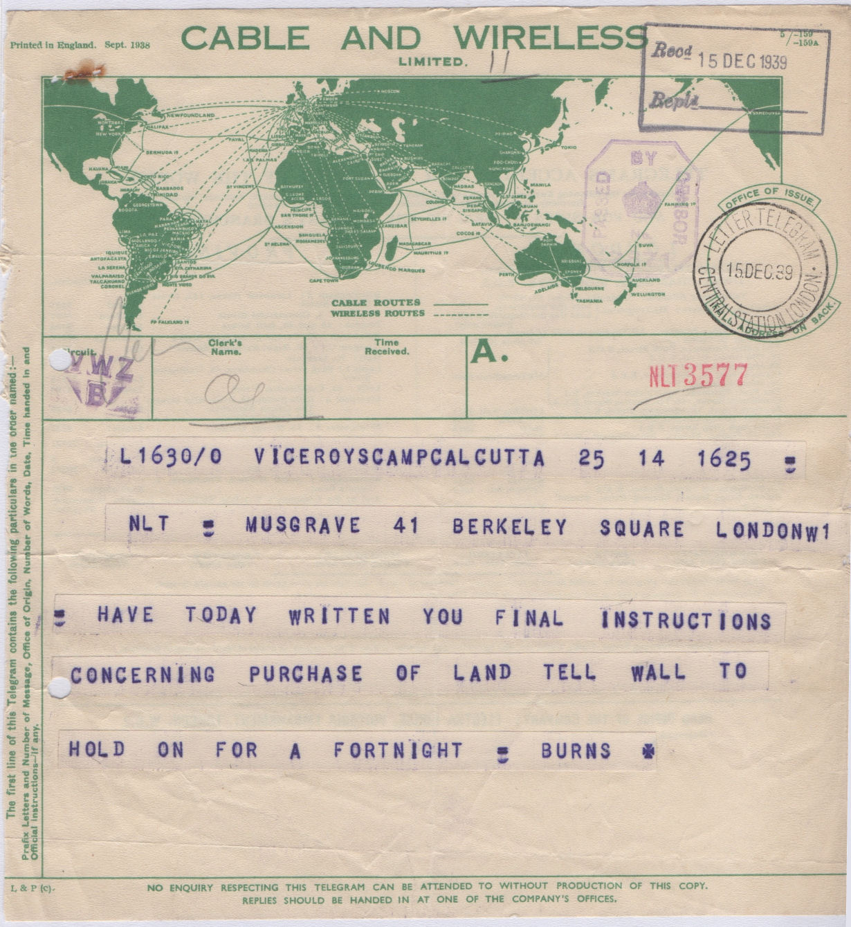 Imperial Telegraph Form - 15-12-1939