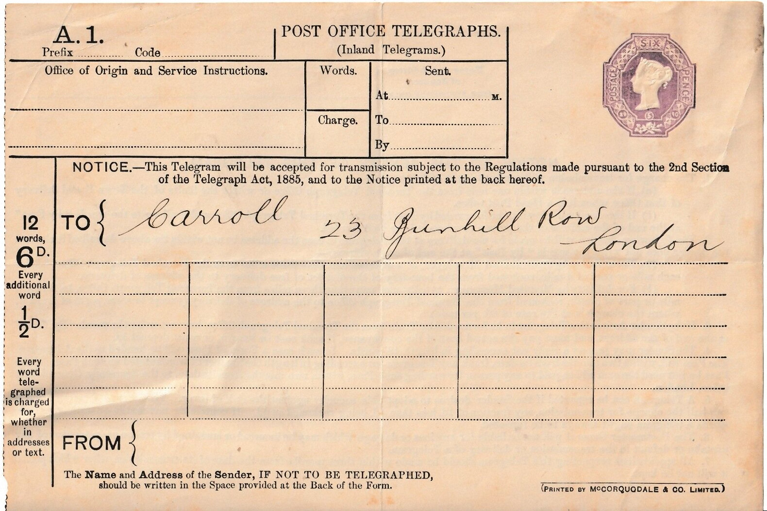 6d Post Office Telegraph Form TP12b - front