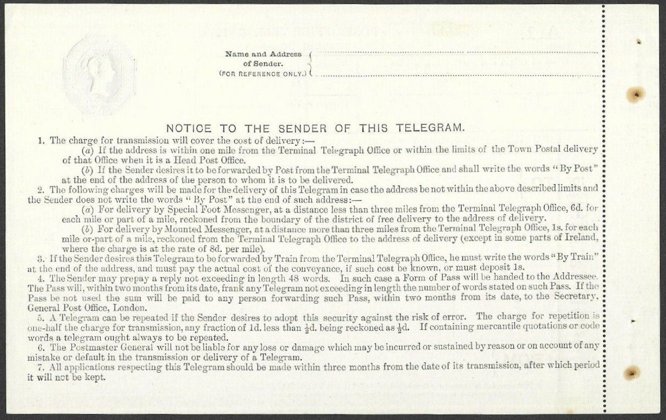 6d Post Office Telegraph Form TP14b - back
