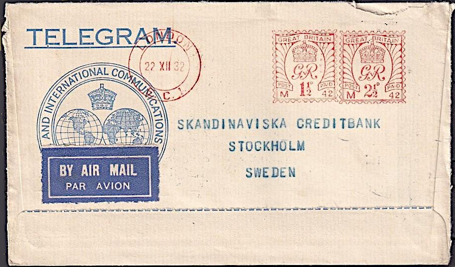 Imperial & Int. Telegraph envelope - front