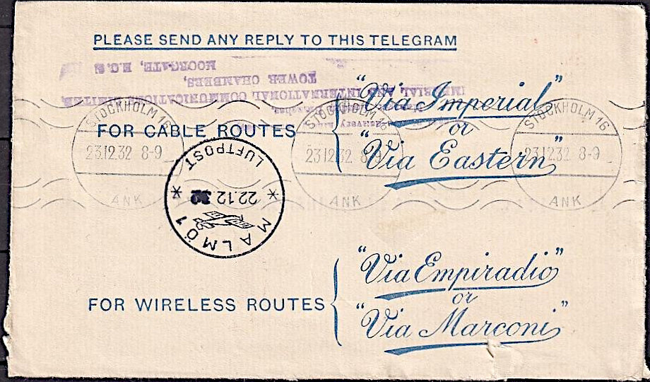 Imperial & Int. Telegraph envelope - back