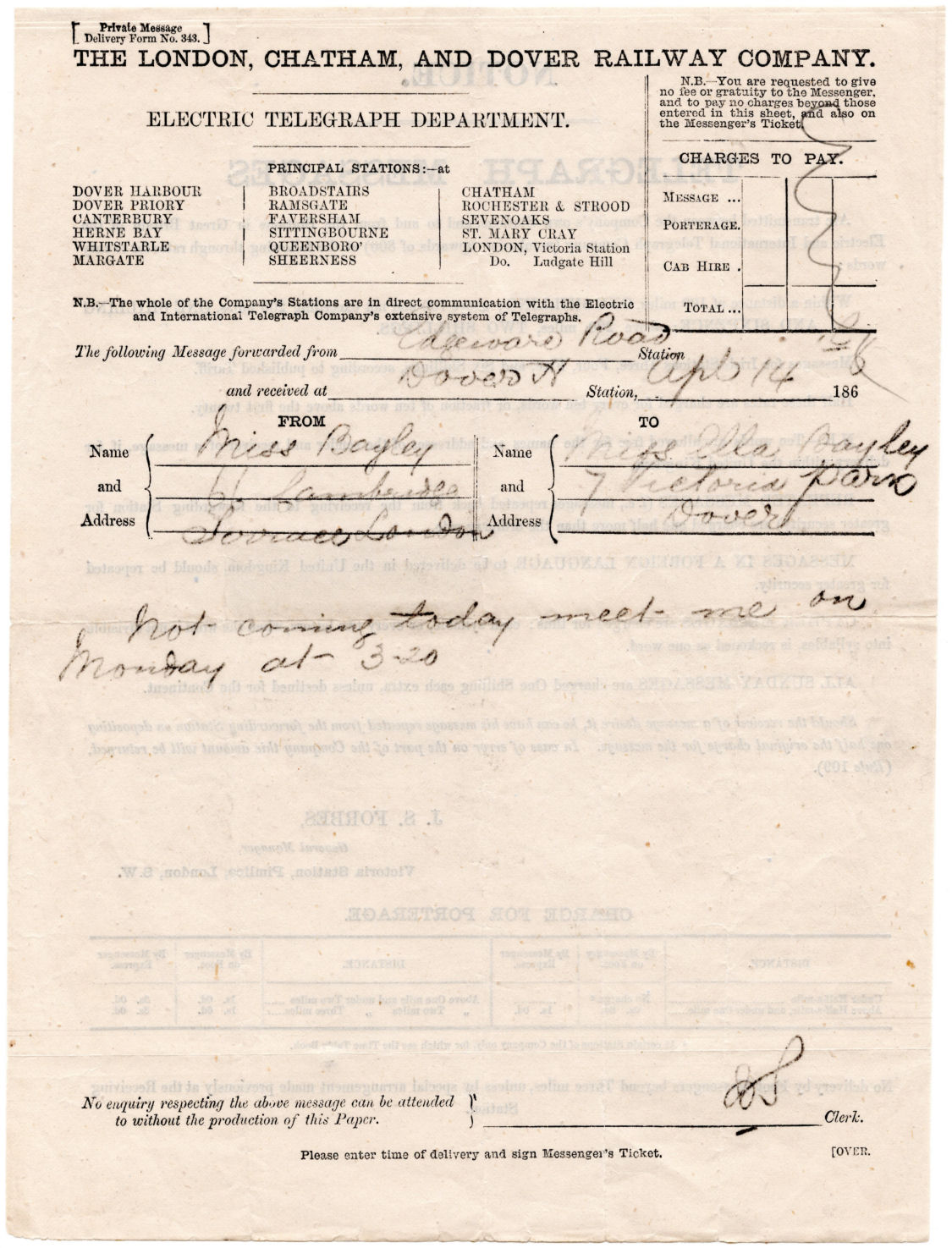 LCDR Private Message Delivery Form No. 343 - front.
