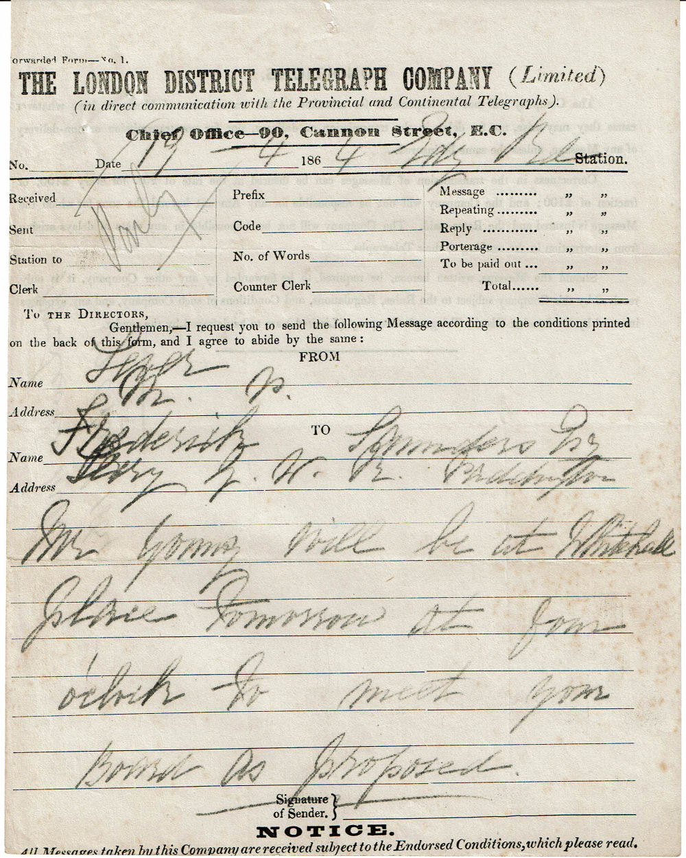 April 1864 LDTC Forwarding form - Front