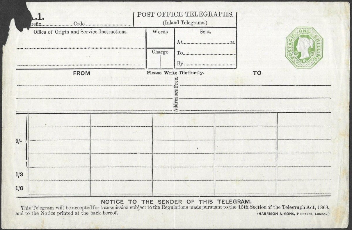 6d Post Office Telegraph Form TP9c/10b - front