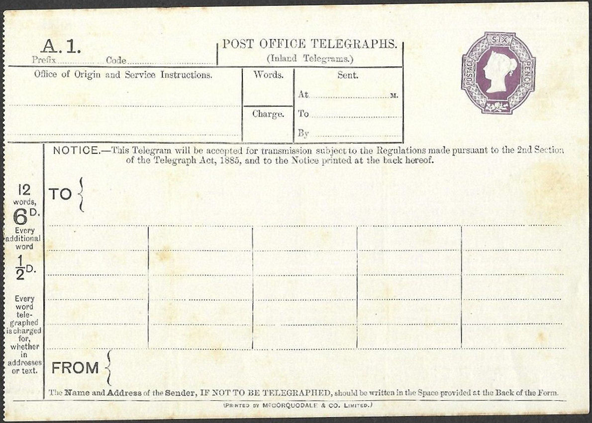 6d Post Office Telegraph Form TP14b - front