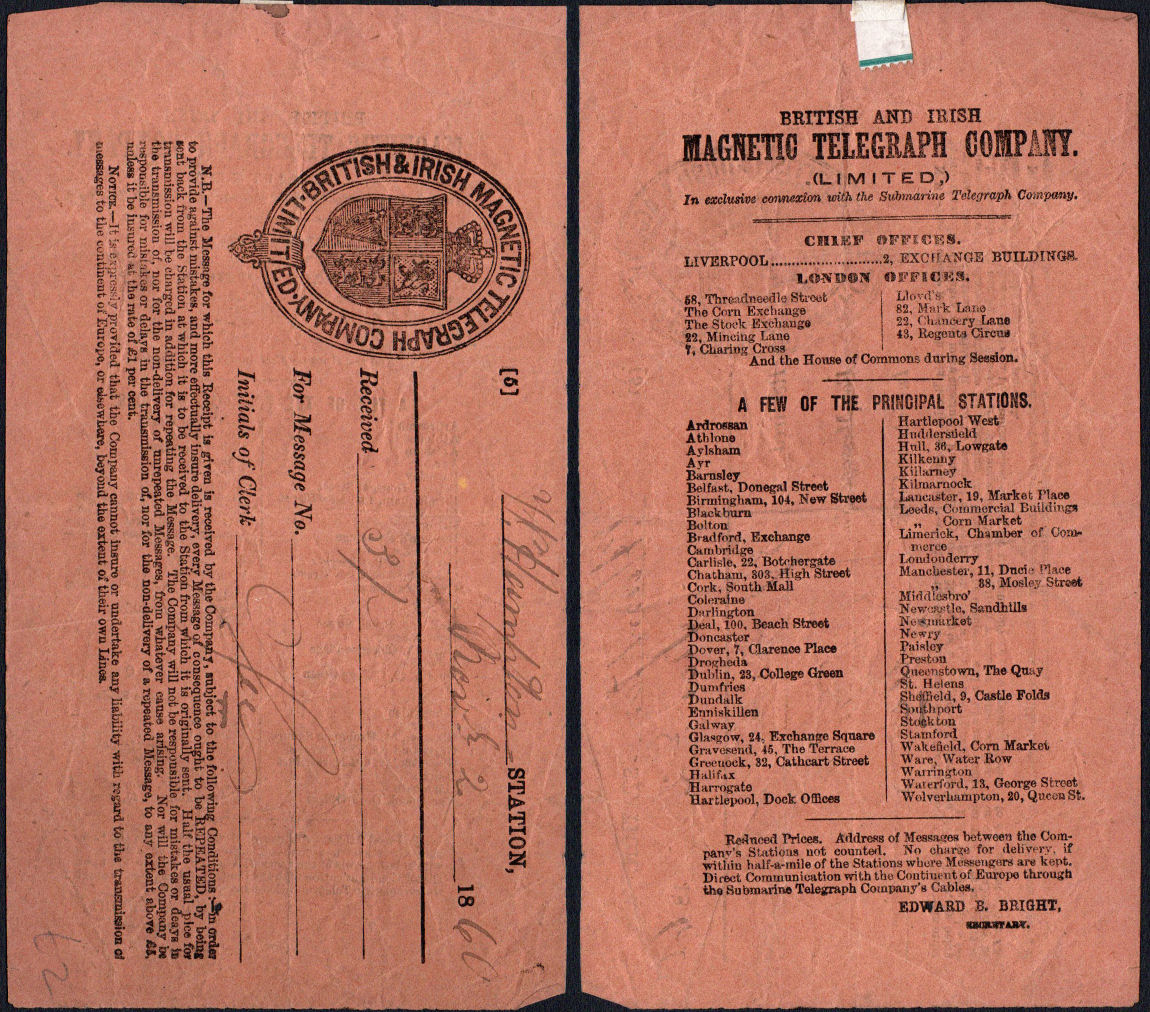 British & Irish Receipt 1860
