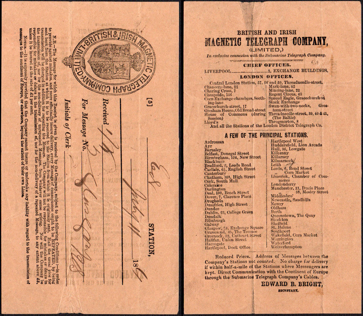 British & Irish Receipt 1860
