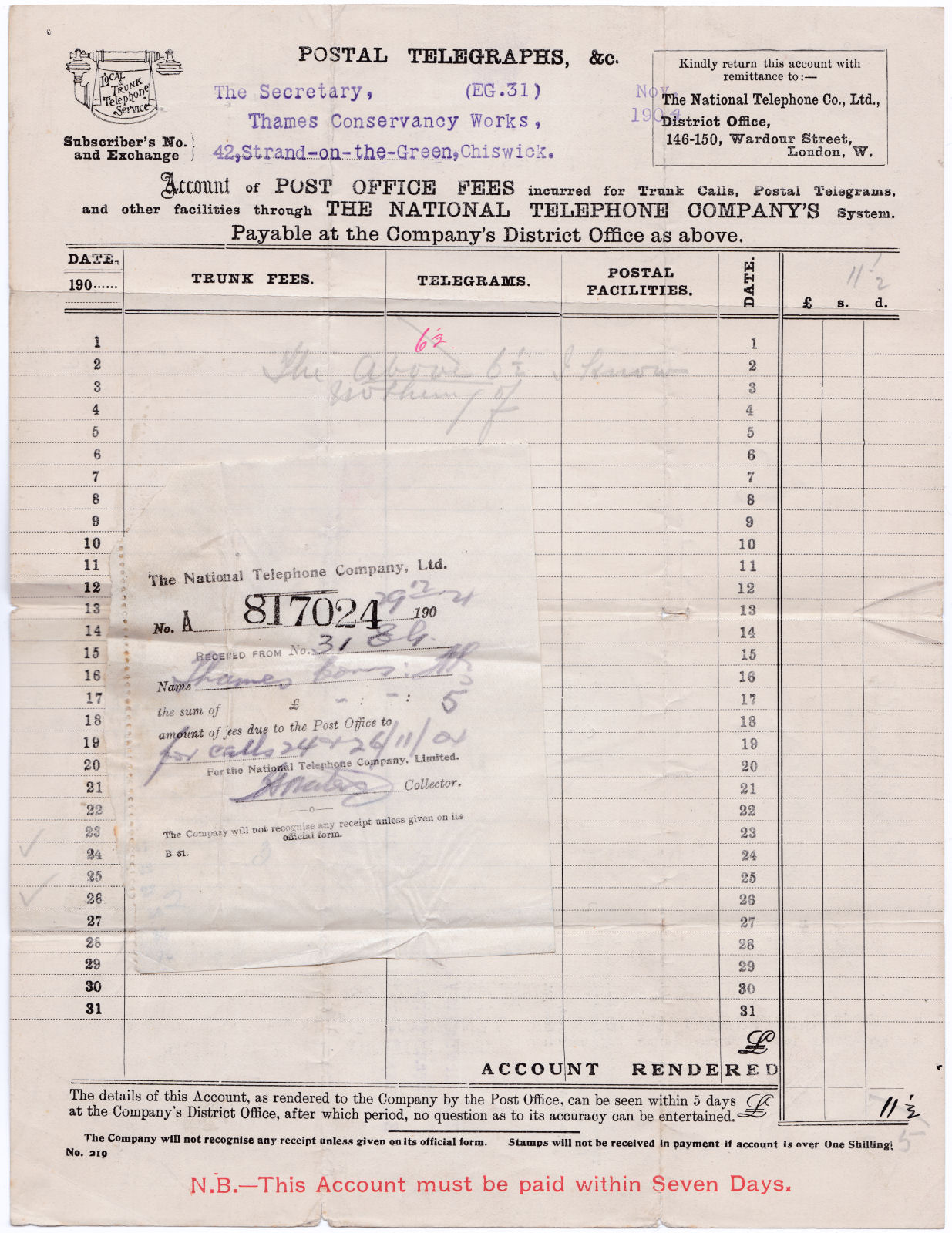 National Telephone Co. 1904 Bill - front.