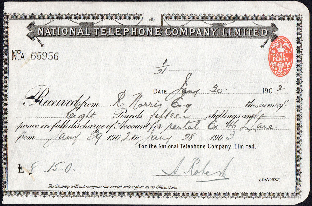 National Telephone Co. 1902 subscription receipt.