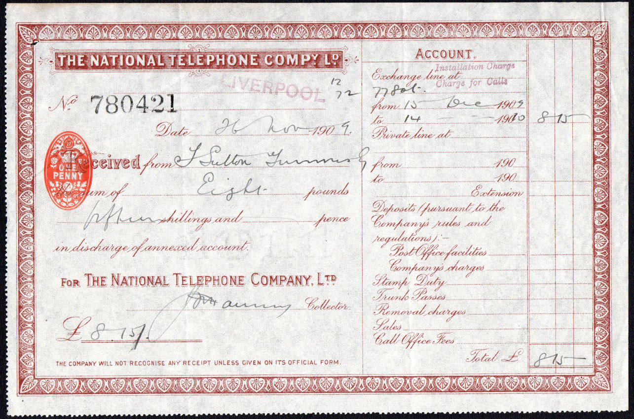National Telephone Co. 1909 subscription receipt.