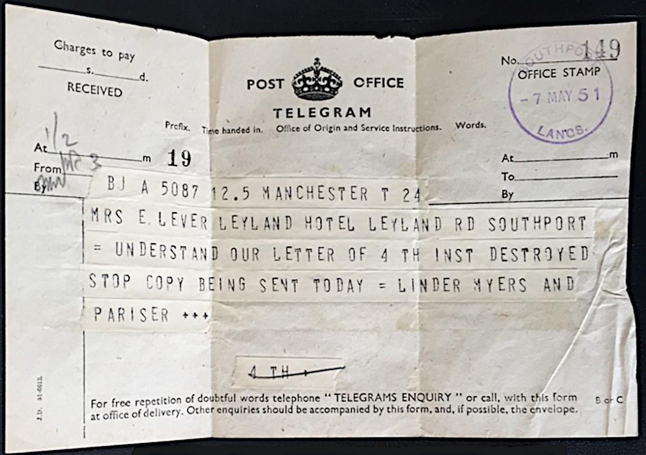 PO Telegraph Form - 7-5-1951 - front