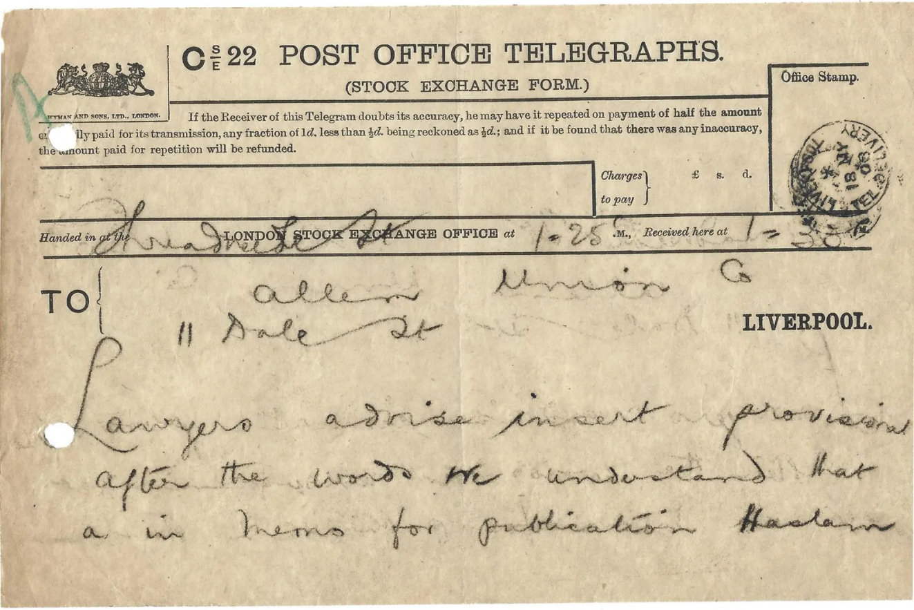 Received S/E Telegram Form used 1908