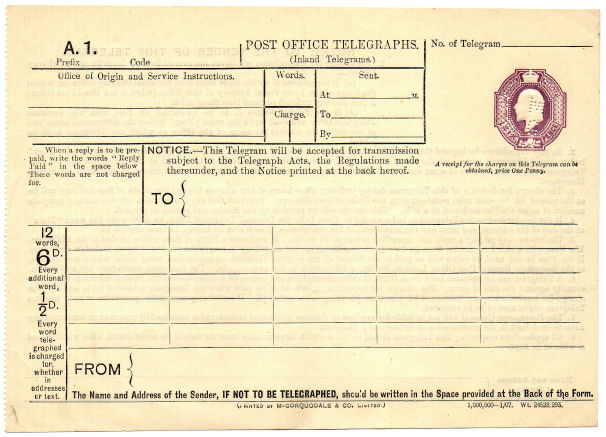 Post Office Telegraph form with perfin