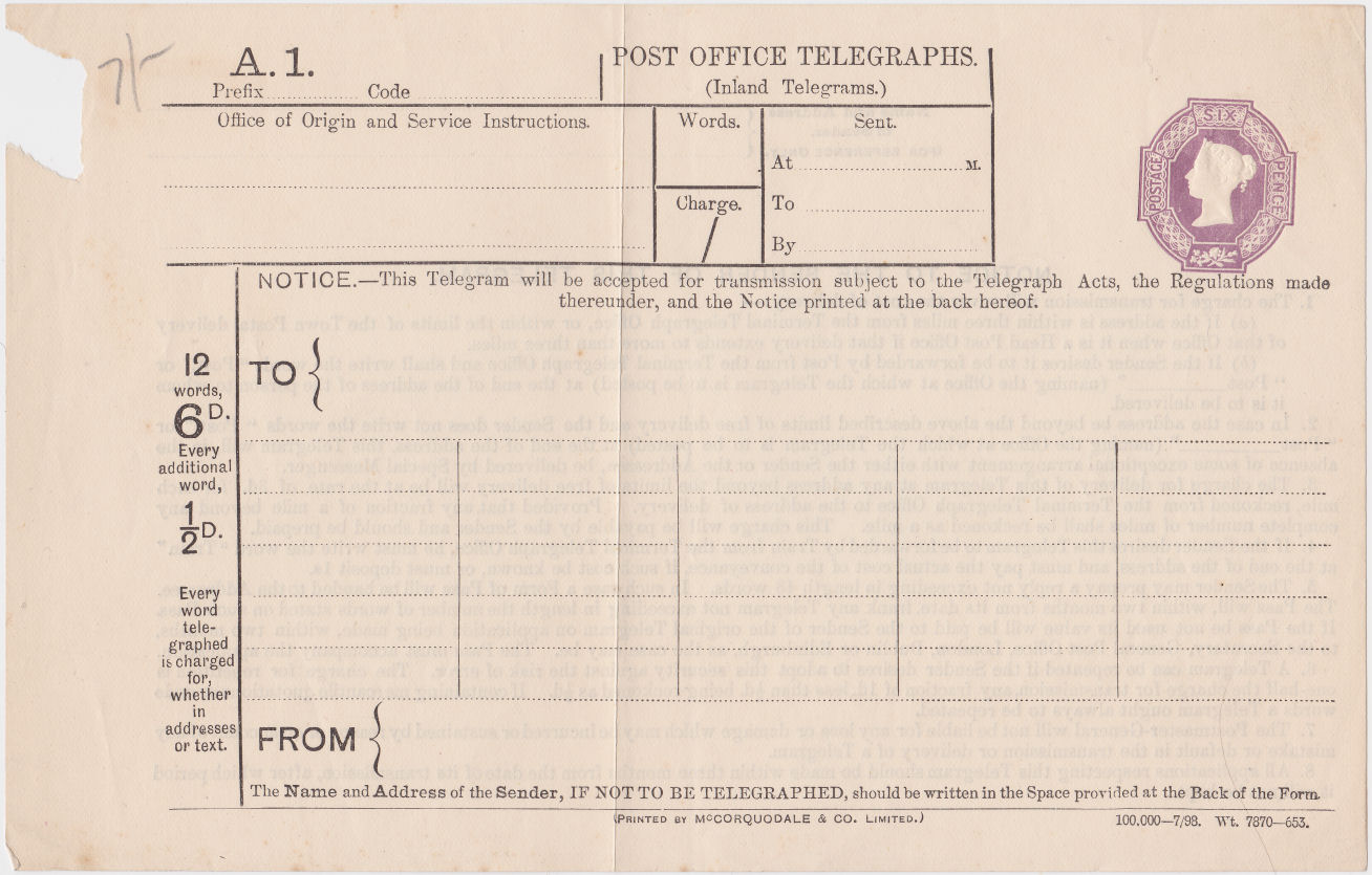 6d Post Office Telegraph Form - front