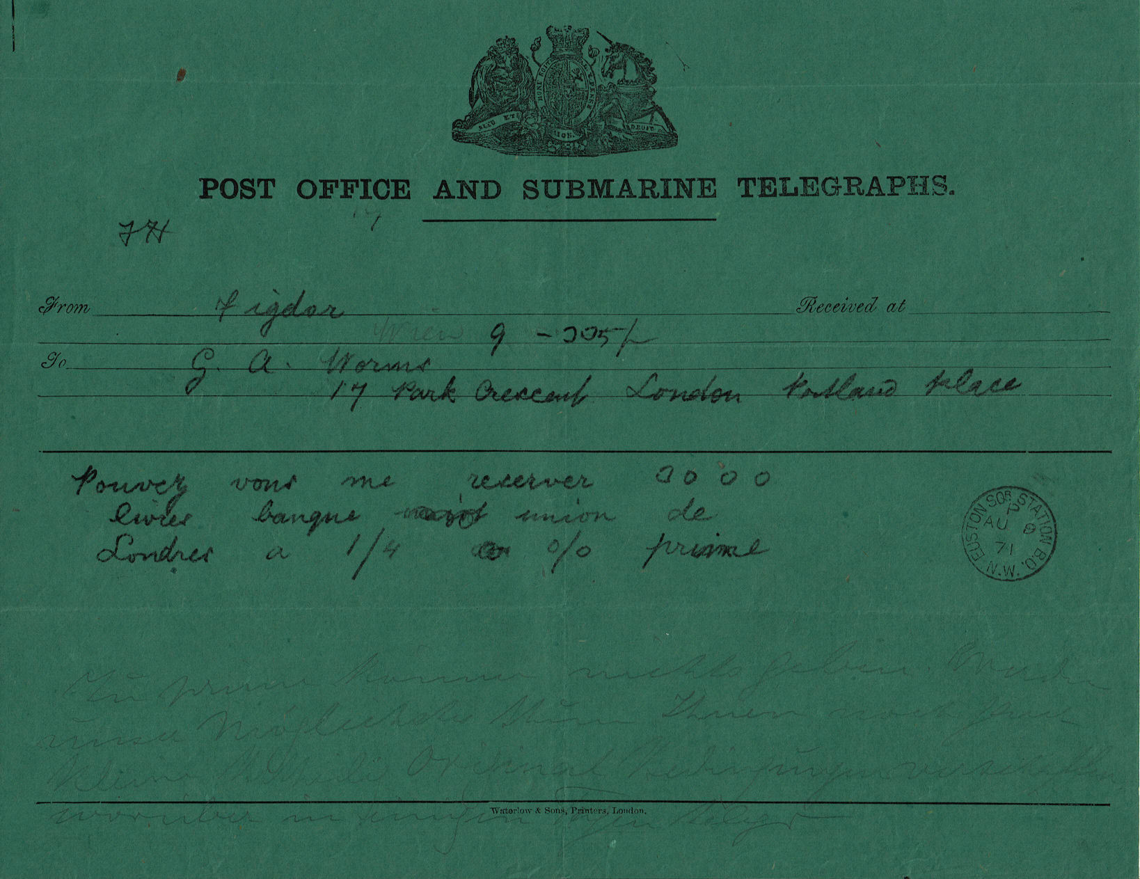 Post Office and Submarine Telegraphs form - 1871