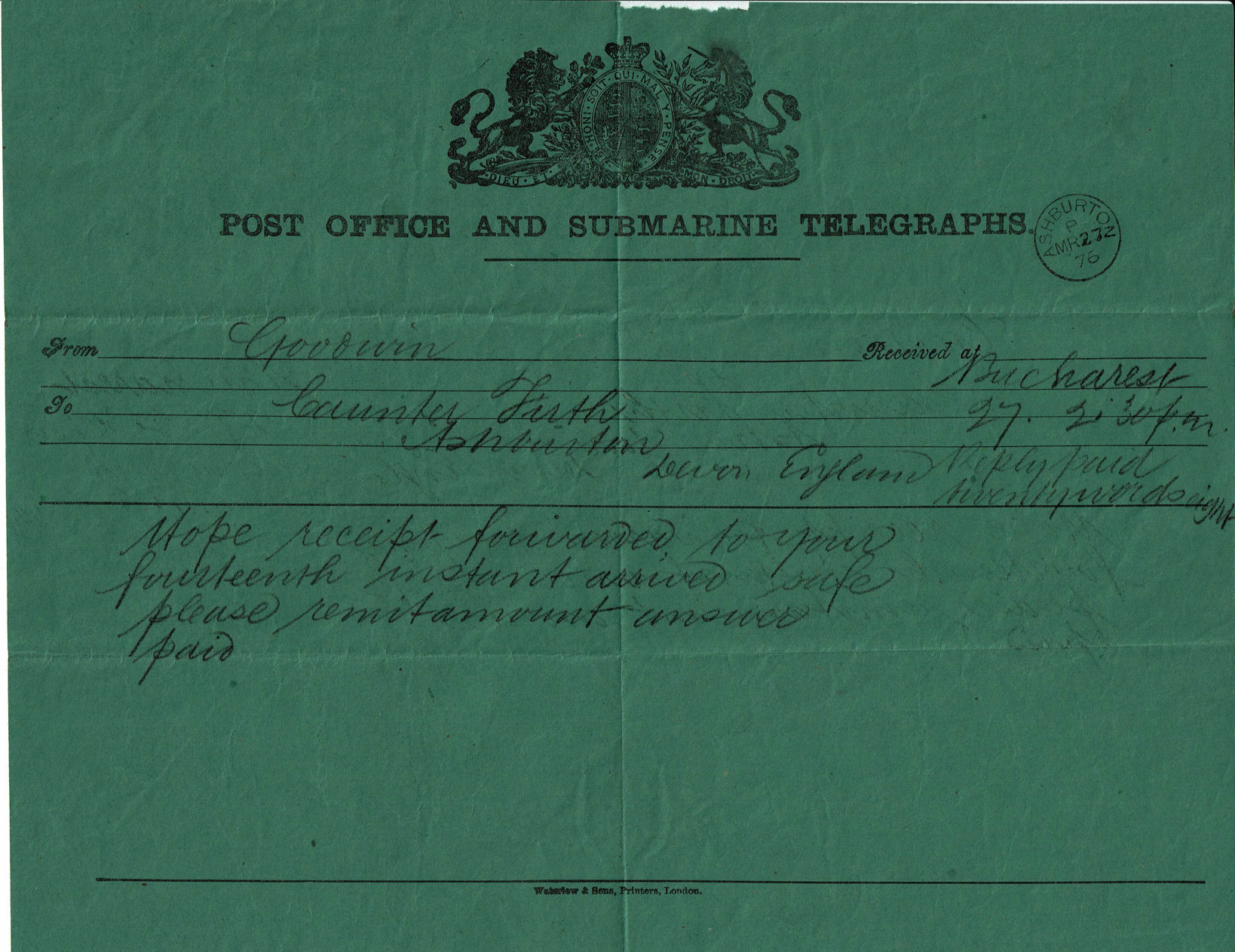 Post Office and Submarine Telegraphs form - 1876