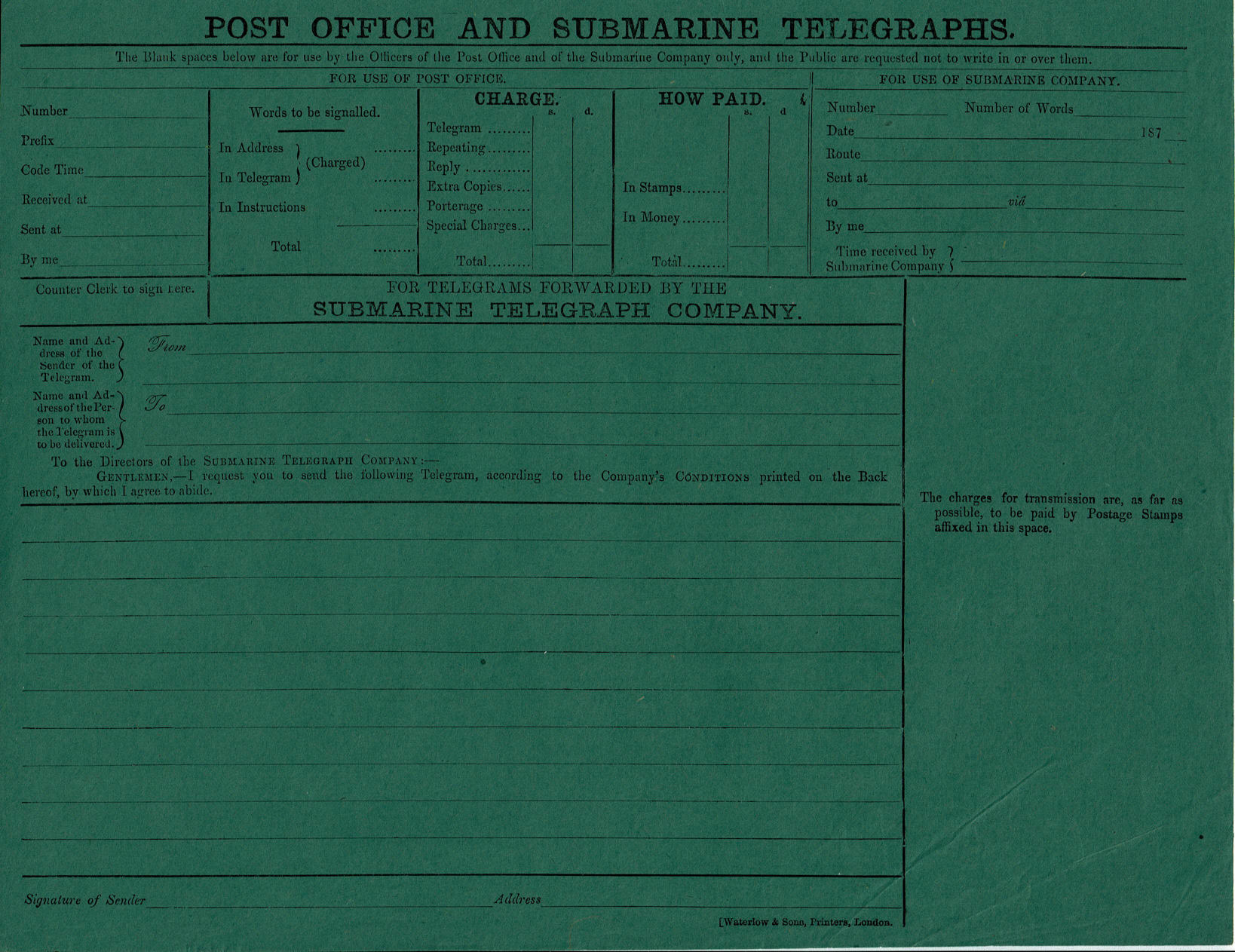 PO & Submarine Tel Co. 1870's Sending Form